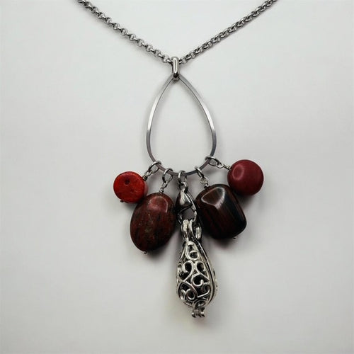 Red Sponge Coral, Red Tiger Iron, Red Jasper and Red Magnesite Aromatherapy Necklace
