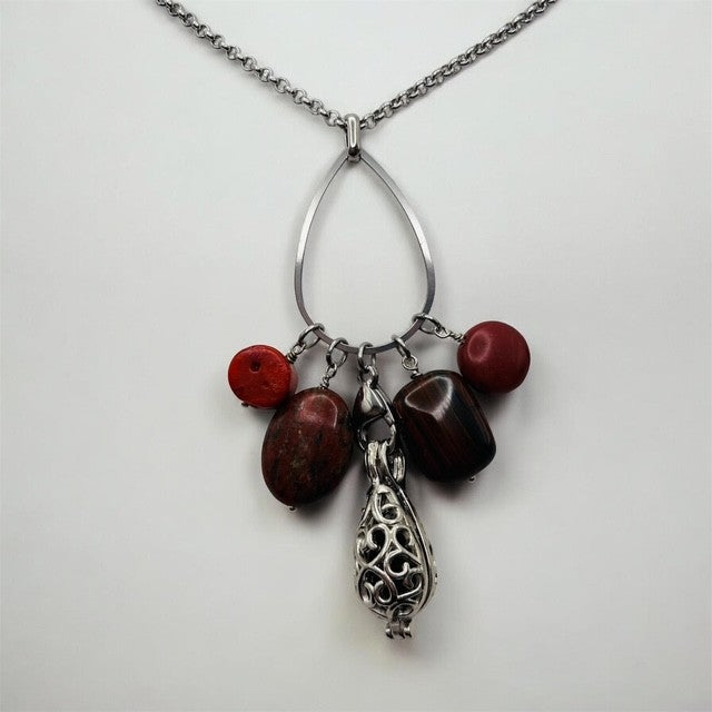 Red Sponge Coral, Red Tiger Iron, Red Jasper and Red Magnesite Aromatherapy Necklace