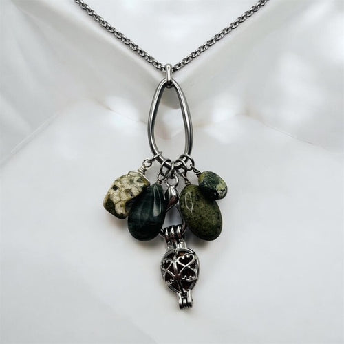 Rhyolite, Seaweed Quartz, Chalcopyrite & Seraphinite Aromatherapy Necklace