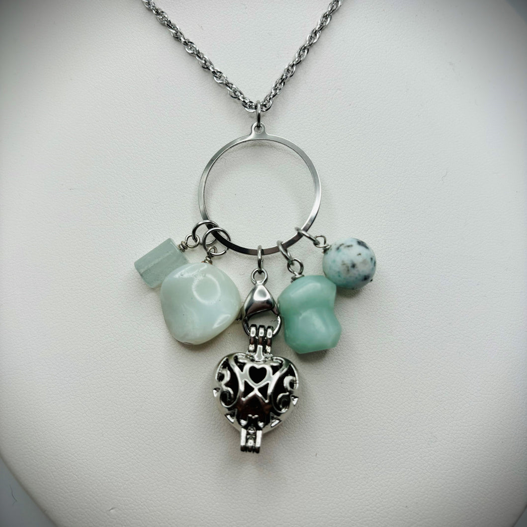 Aquamarine, Amazonite, Blue Sponge Quartz & Sesame Jasper Aromatherapy Necklace