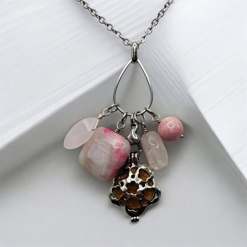 Pink Jade, Pink Crazy Lace Agate, Rose Quartz & Pink Riverstone Aromatherapy Necklace