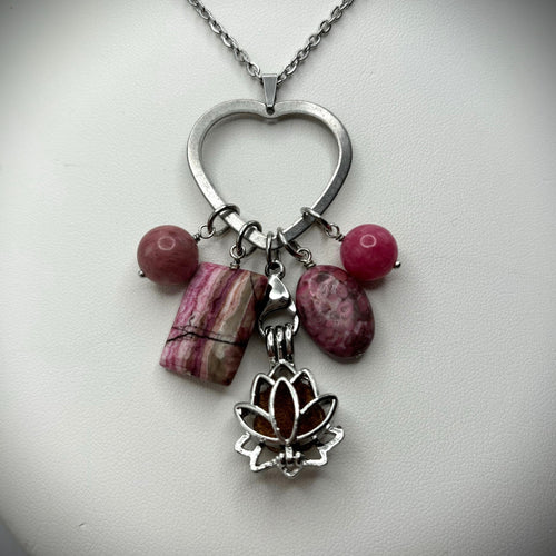 Rhodonite, Pink Crazy Lace Agate, Pink Maifanite & Pink Jade Aromatherapy Necklace