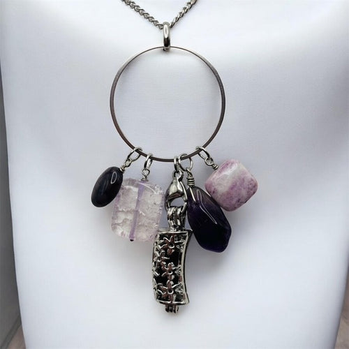 Dragon Vein Agate, Purple Quartz, Amethyst and Charoite Aromatherapy Necklace