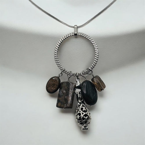 Smoky Quartz, Brown Jasper, Leopardskin Jasper and Bronzite Aromatherapy Necklace