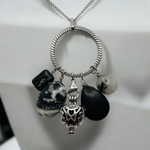 Biotite, Black Picture Jasper, Black Jasper and Tourmalinated Quartz Aromatherapy Necklace