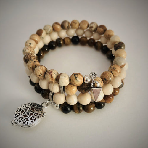 Tiger Eye, Fossil Stone & Picture Jasper Aromatherapy Bracelet