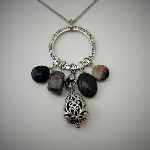 Smoky Quartz, Brown Snowflake Obsidian, Wood Agate & Plagioclase Aromatherapy Necklace