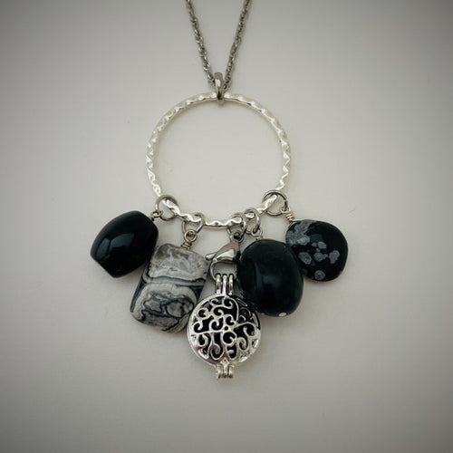 Obsidian, Black Picture Jasper, Astrophylite & Snowflake Obsidian Aromatherapy Necklace