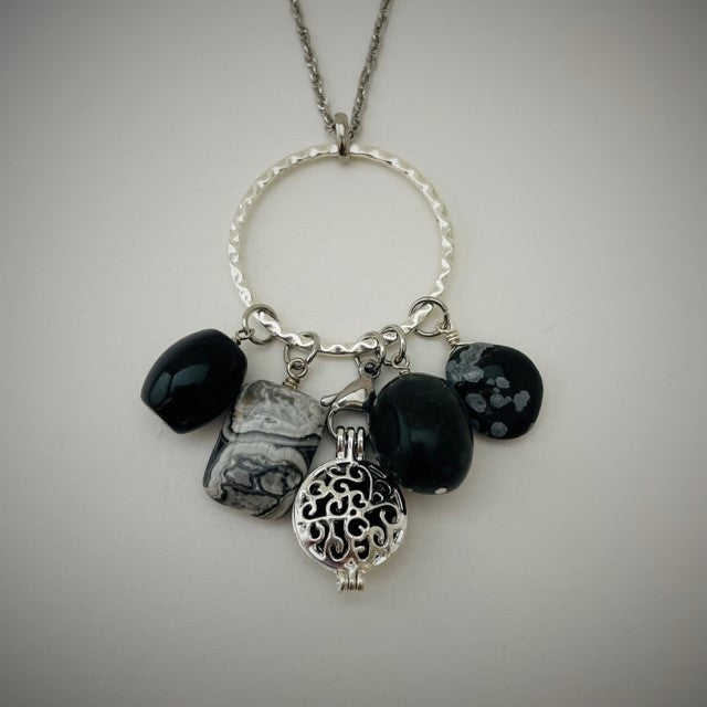 Obsidian, Black Picture Jasper, Astrophylite & Snowflake Obsidian Aromatherapy Necklace